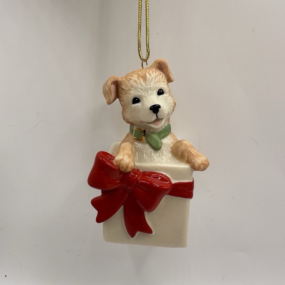 Lenox Dog in the Gift Present Box Furry Friend Ornament Brown Porcelain